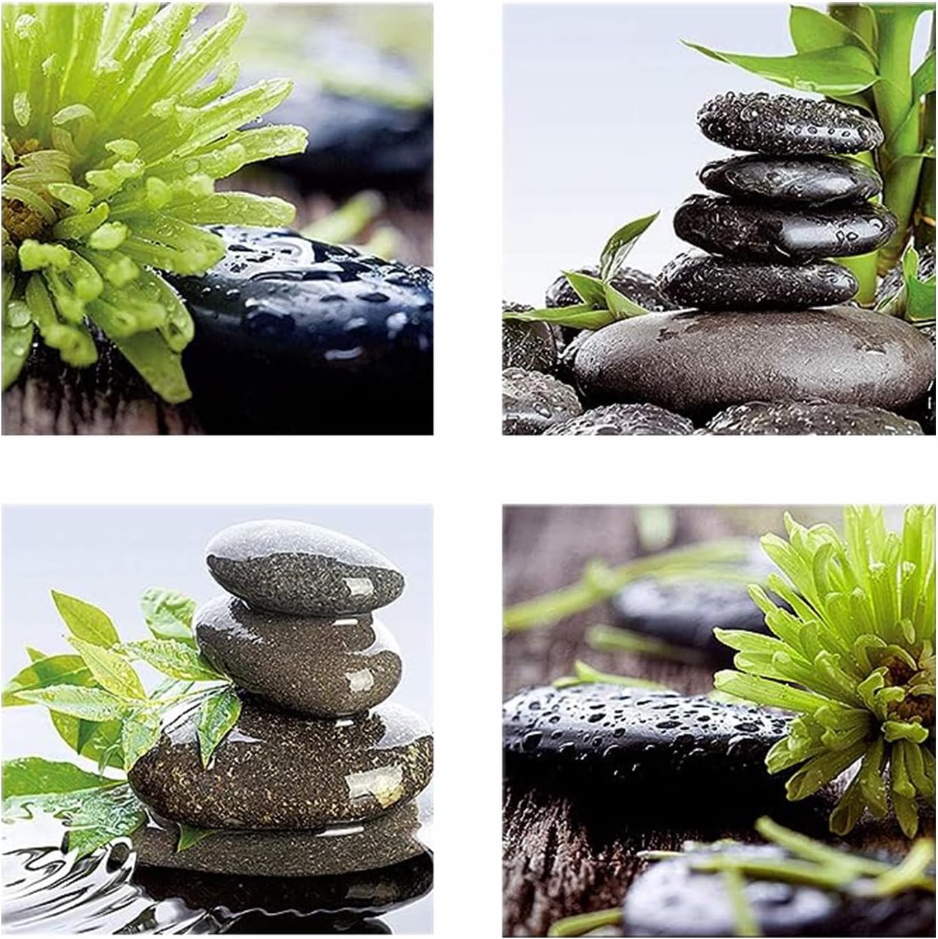 Zen Art Bathroom Wall Decor - Framed Meditation Canvas Art | Calming Green Plant Pictures, Set of 4 (12" x 12")