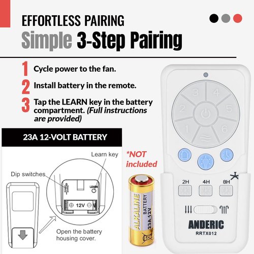 Anderic RRTX012 Replacement Ceiling Fan Remote Control Compatible with Harbor Breeze A25-TX012 A25-TX025 – 6-Speed Fan Control, Light Dimmer, Up & Down Lights, Reverse Airflow, Sleep Timer