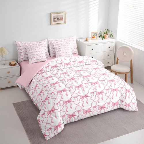 Erosebridal Pink Bow Queen Comforter Set for Kids Teen Women,Cute Ribbon Bowknot Bed in A Bag with Sheetss for Girls Kawaii Watercolor Bow Tie Bedding Set 7 Pieces,Pink White Princess Bowknot Bed Set