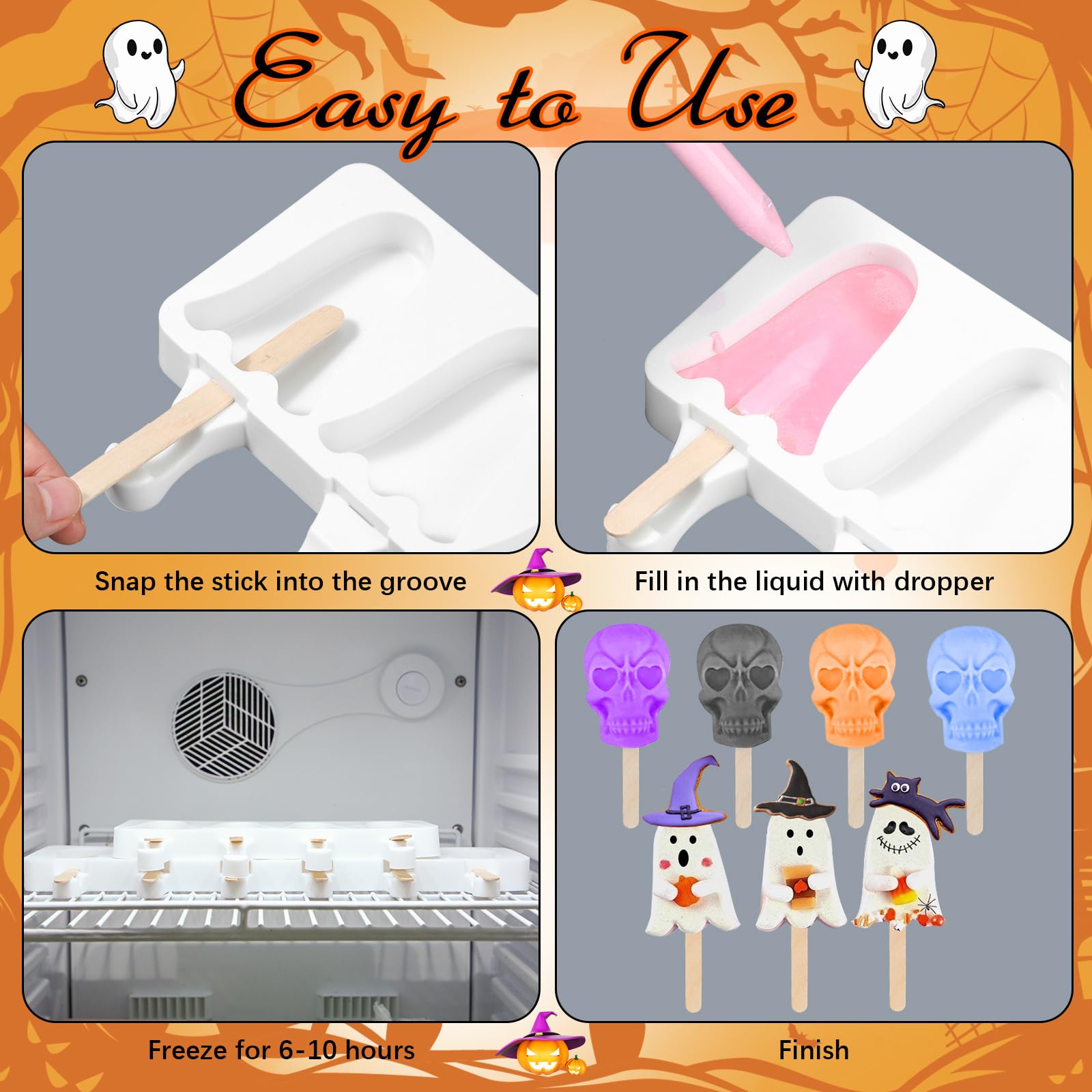 FillTouch 2 Pack Halloween Silicone Ice Cream Mold Homemade Cakesicle Mold Kits Silicone Ghost Skull Ice Pops with 50 Wooden Sticks and 2 Droppers Craft Sticks for Baking and Home Snacks DIY