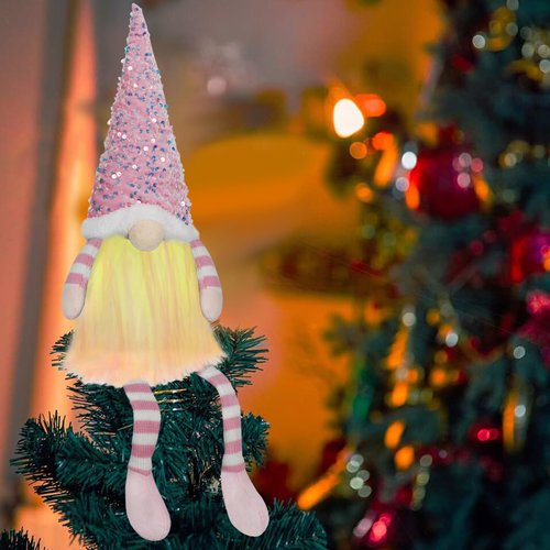 Christmas Tree Topper with Lights,Gnome Tree Topper Lighted Pink Tree Toppers Christmas Decorations Battery Operated Tree Topper with Timer 24.8 Inch