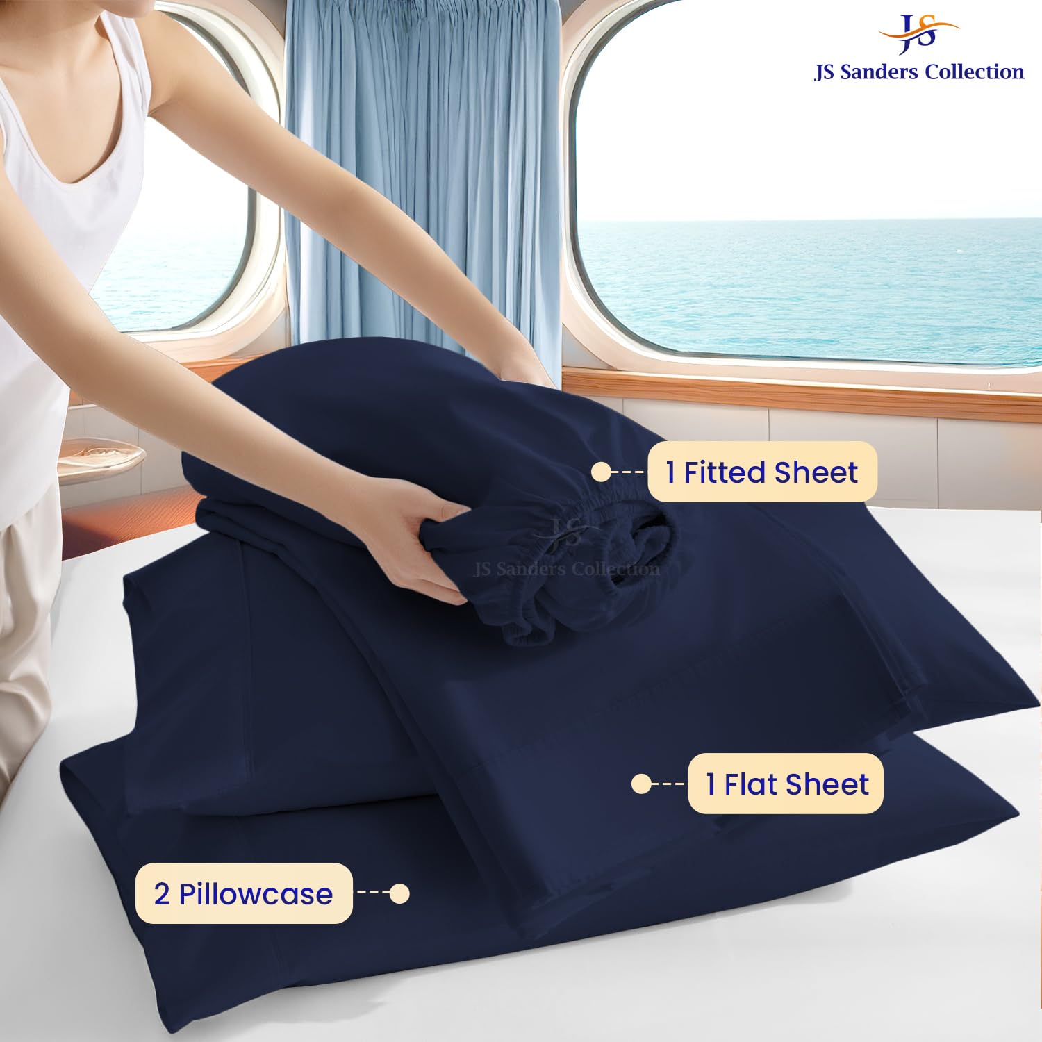 JS Sanders Collection 100% Egyptian Cotton Universal V Berth 4 Piece The Best Boat V Berth Bedding Fits mattresses up to 8” Depth Sheet Set - 600 TC Navy Blue