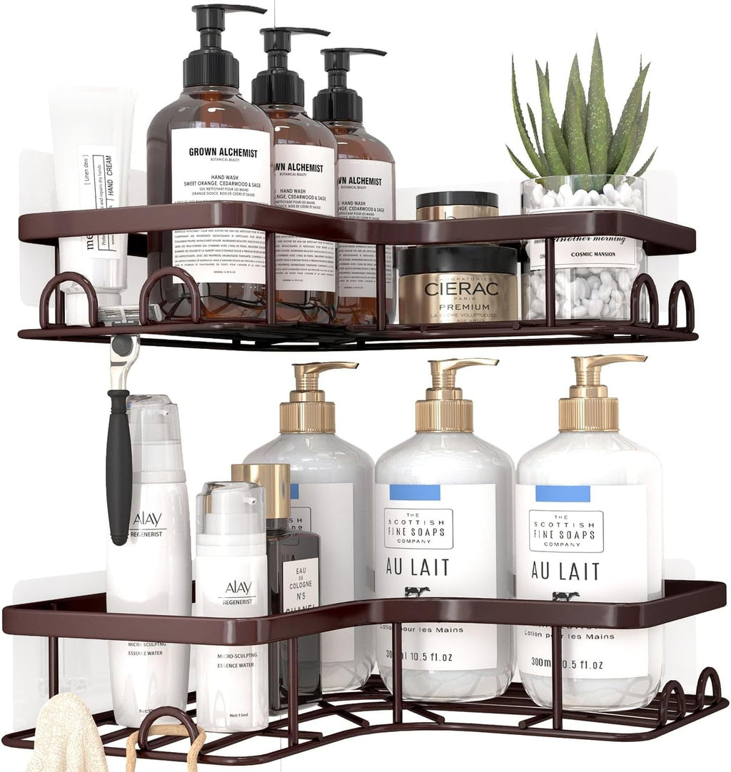 Sakugi Corner Shower Caddy - Rustproof Stainless Steel Organizers with 8 Hooks | No-Drill, Space-Saving Design, Brown, Medium