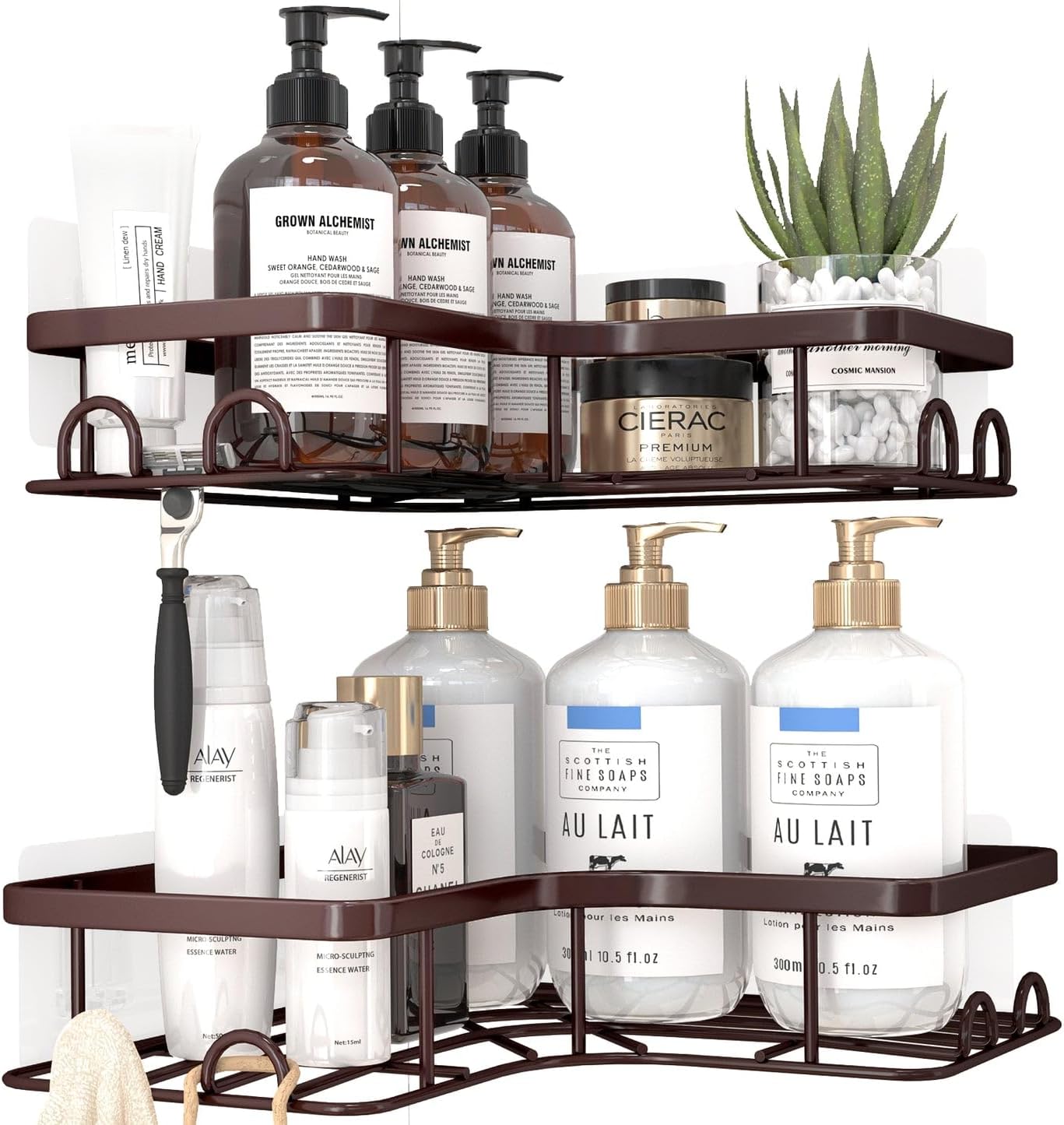 Sakugi Corner Shower Caddy - Rustproof Stainless Steel Organizers with 8 Hooks | No-Drill, Space-Saving Design, Brown, Medium