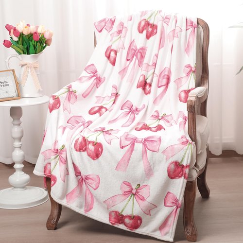 HunnmingRe Pink Bow Cherry Blanket Coquette Soft Flannel Lightweight Blanket Bows Aesthetic Preppy Cute Fuzzy Room Decor for Spring Mother's Day Bedroom Sofa Travel Bed, 50 x 60 Inch