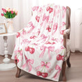 HunnmingRe Pink Bow Cherry Blanket Coquette Soft Flannel Lightweight Blanket Bows Aesthetic Preppy Cute Fuzzy Room Decor for Spring Mother's Day Bedroom Sofa Travel Bed, 50 x 60 Inch