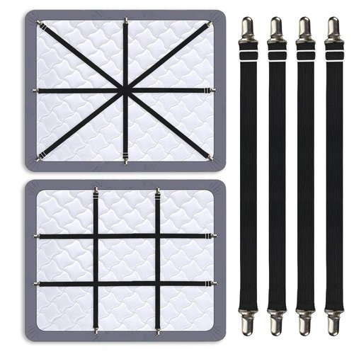 BRTERMA Premium Adjustable Bed Sheet Clips with Elastic Straps and Clips for Securely Holding Sheets in Place, Fits Mattresses from 20" to 79"（Black）