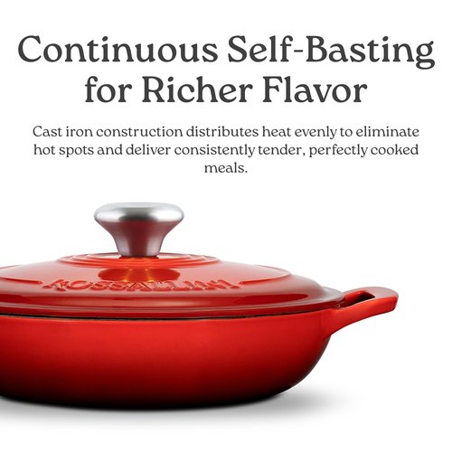 ROSSALLINI Signature Enameled Cast Iron Braiser, Non-Stick Serving Pot with Tight Fitting Lid for Perfect Roasting, Baking, Sauteing, Searing, and Pan Frying | 2.25Q (2.1L) - Red