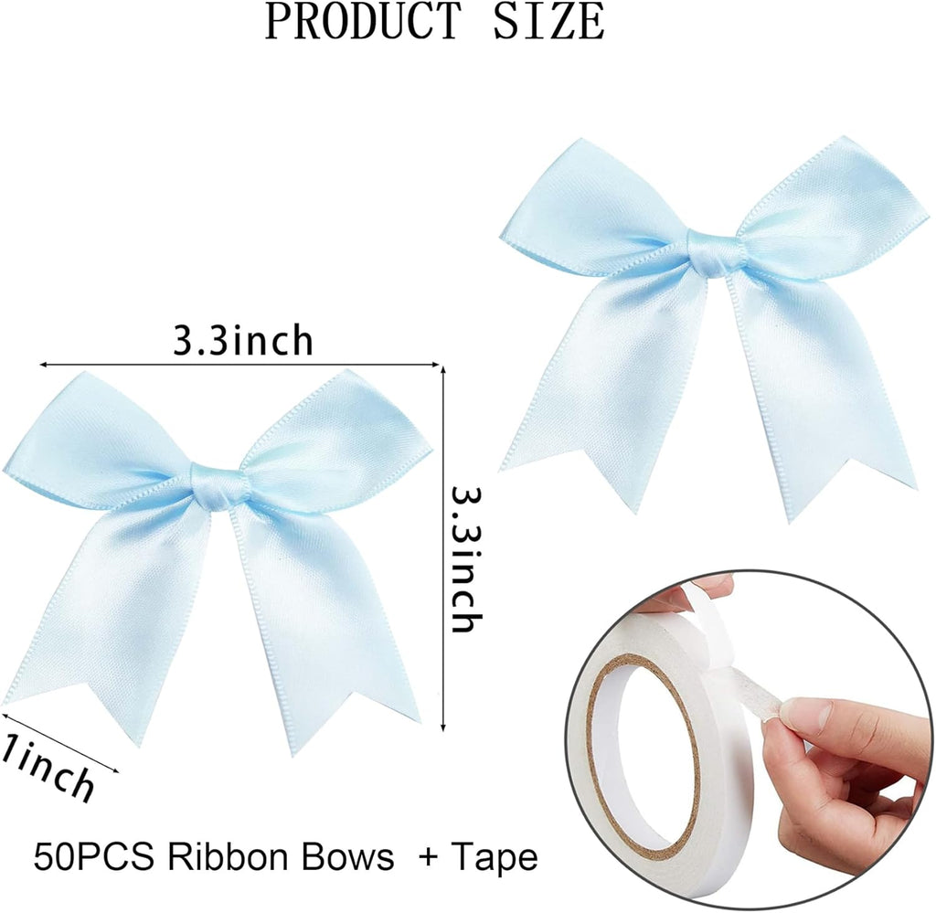 Skiennix Premium Satin Ribbon Bows - 50 Pack 3.3 Inch Gift Wrap Bows in Light Blue for Holidays & Parties