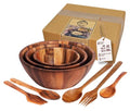 BestySuperStore Nesting Round Wood Bowls Mix Size 9½”, 8½”, 7” Stackable Acacia Wooden Bowl Set with Spoons and Forks for salad dip sauce snack rice pasta soup fruit cereal Tableware Nested Dish Sets