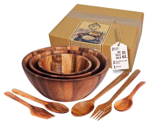 BestySuperStore Nesting Round Wood Bowls Mix Size 9½”, 8½”, 7” Stackable Acacia Wooden Bowl Set with Spoons and Forks for salad dip sauce snack rice pasta soup fruit cereal Tableware Nested Dish Sets