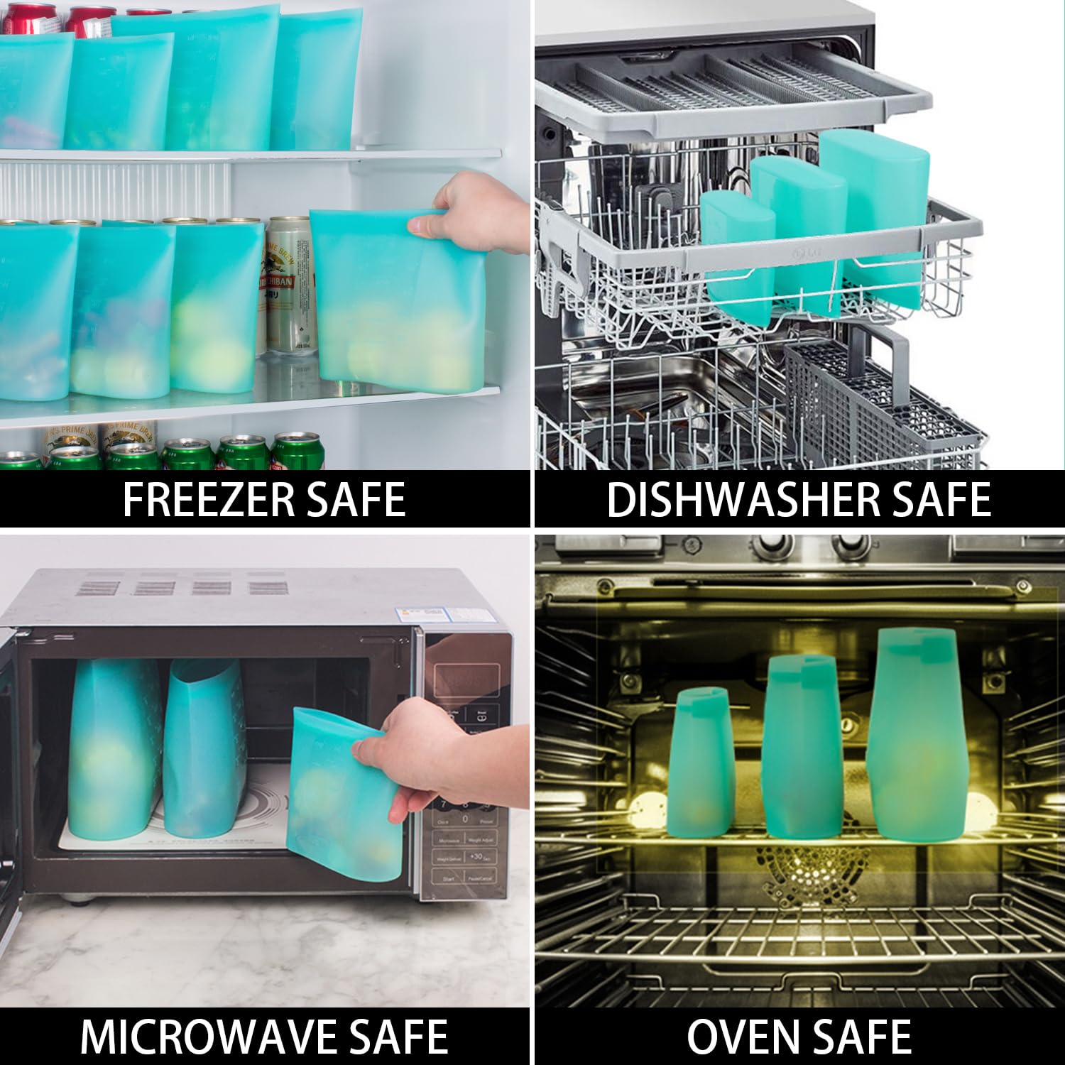 Annaklin Reusable Food Bags, 8 Pack 100% Silicone Food Storage Bags Stand Up Zip Lock Container, Freezer Microwave Oven Dishwasher Safe, 4 Medium 2 Small 2 Extra Small, Aqua