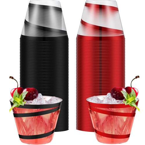 Gejoy 9 oz Rimmed Swirl Plastic Cups Disposable Wine Drinking Cups Clear Elegant Easter St Patrick Tumblers for Wedding Party Supplies(100 Pcs,Red, Black)