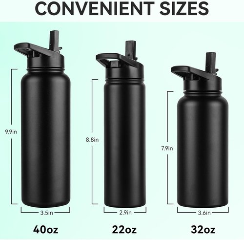 Domicare Insulated Water Bottle - 22 oz Stainless Steel Vacuum Bottle with Straw & Spout Lid | Leakproof Black