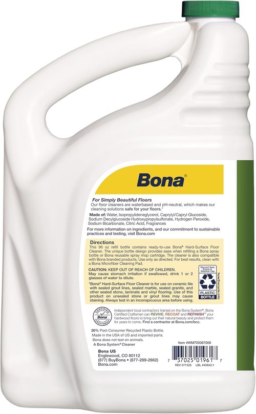 Bona Multi-Surface Floor Cleaner Refill - 96 Fl Oz - Lemon Mint | Residue-Free Solution for Stone, Tile, and Laminate Floors