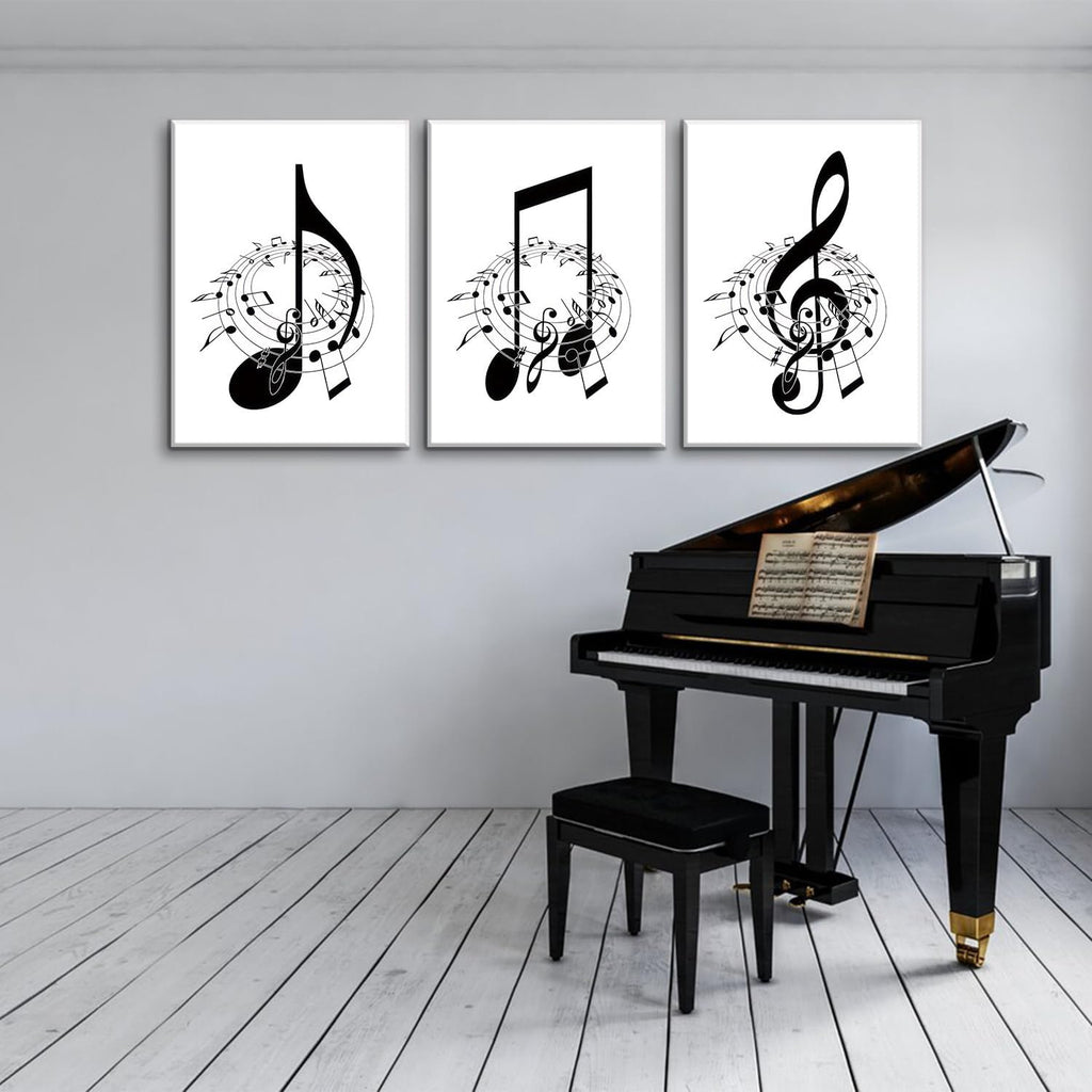 Skiennix Framed Music Notes Wall Art - Stylish Black & White Canvas Prints | 12x16in (Set of 3)