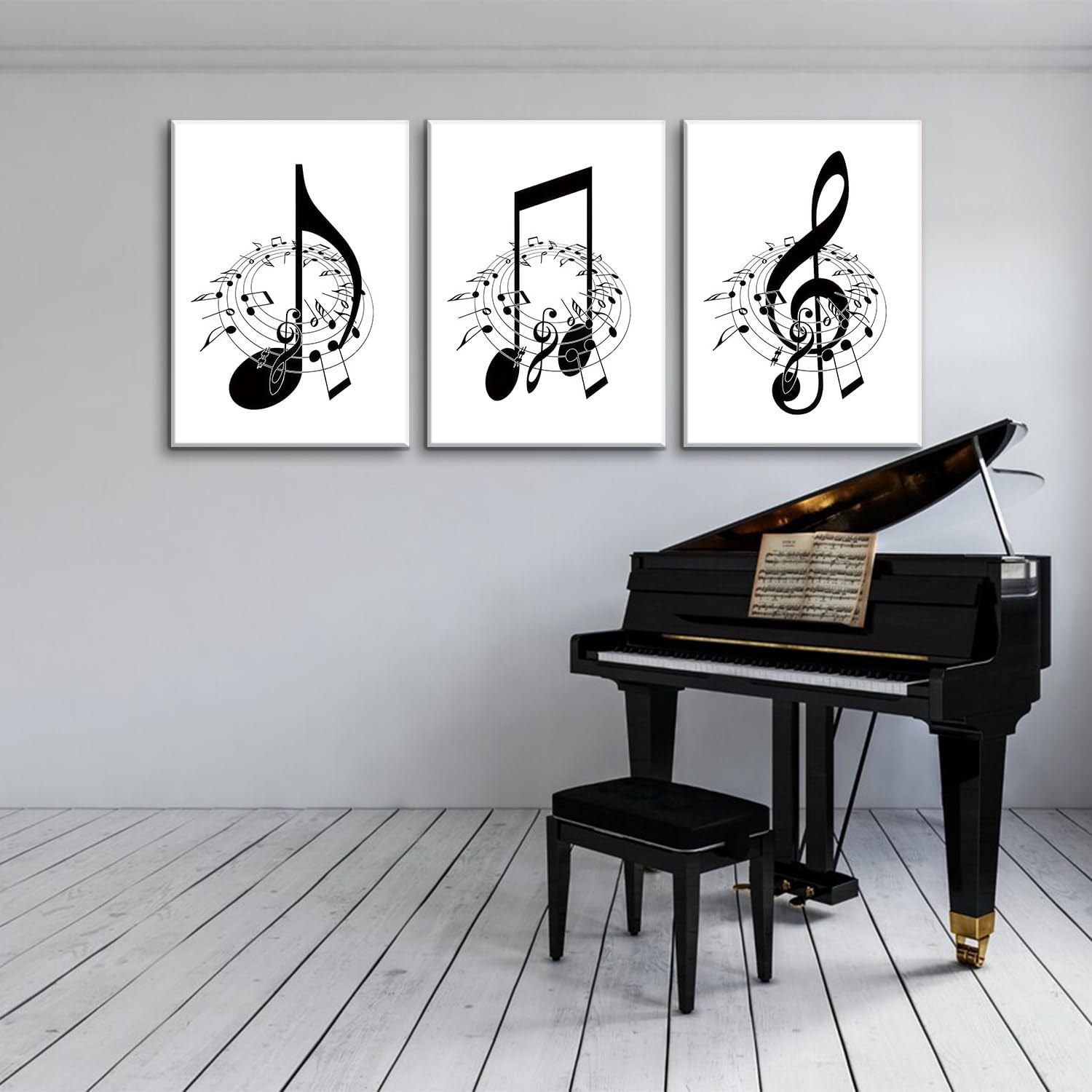 Skiennix Framed Music Notes Wall Art - Stylish Black & White Canvas Prints | 12x16in (Set of 3)