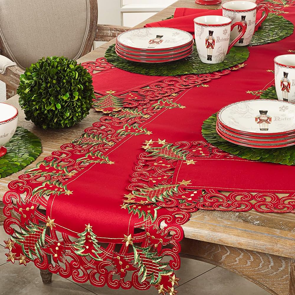 SARO LIFESTYLE Pandoro Collection Holiday Christmas Tree Table Runner, 16" x 68", Red