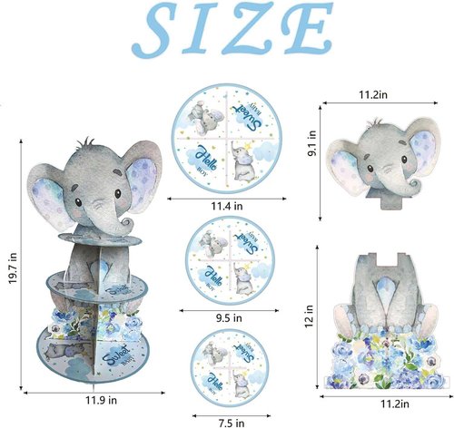 Zliisang Blue Elephant Cupcake Stand Baby Boy Baby Shower Decorations 3 Tiered Dessert Cake Table Displays Eelephant Birthday Party Decorations Baby Shower Decorations for Boy