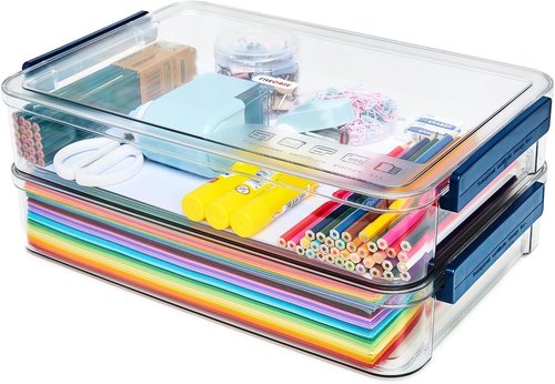 CATOOMUU Portable Plastic Project Case - 5.5qt Clear Stackable Storage Box for A4 Files & Crafts
