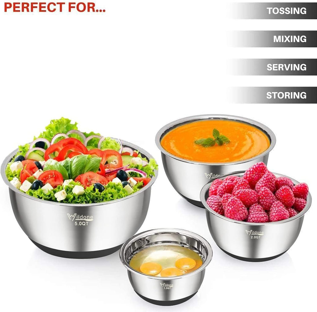 Wildone Mixing Bowls Set of 5 - Stainless Steel with Airtight Lids & Non-Slip Silicone Bottoms | 1.5 to 8 QT