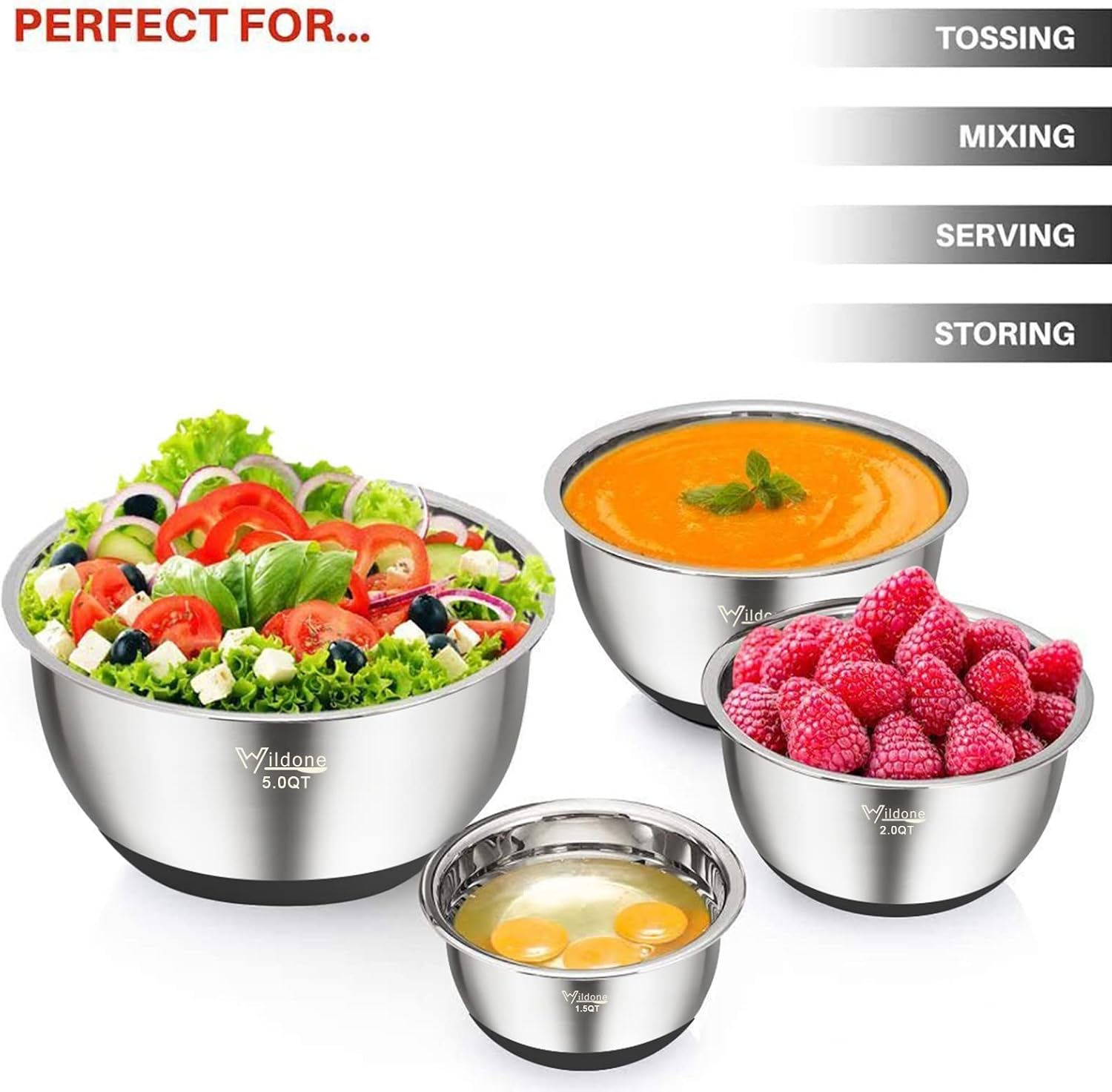 Wildone Mixing Bowls Set of 5 - Stainless Steel with Airtight Lids & Non-Slip Silicone Bottoms | 1.5 to 8 QT