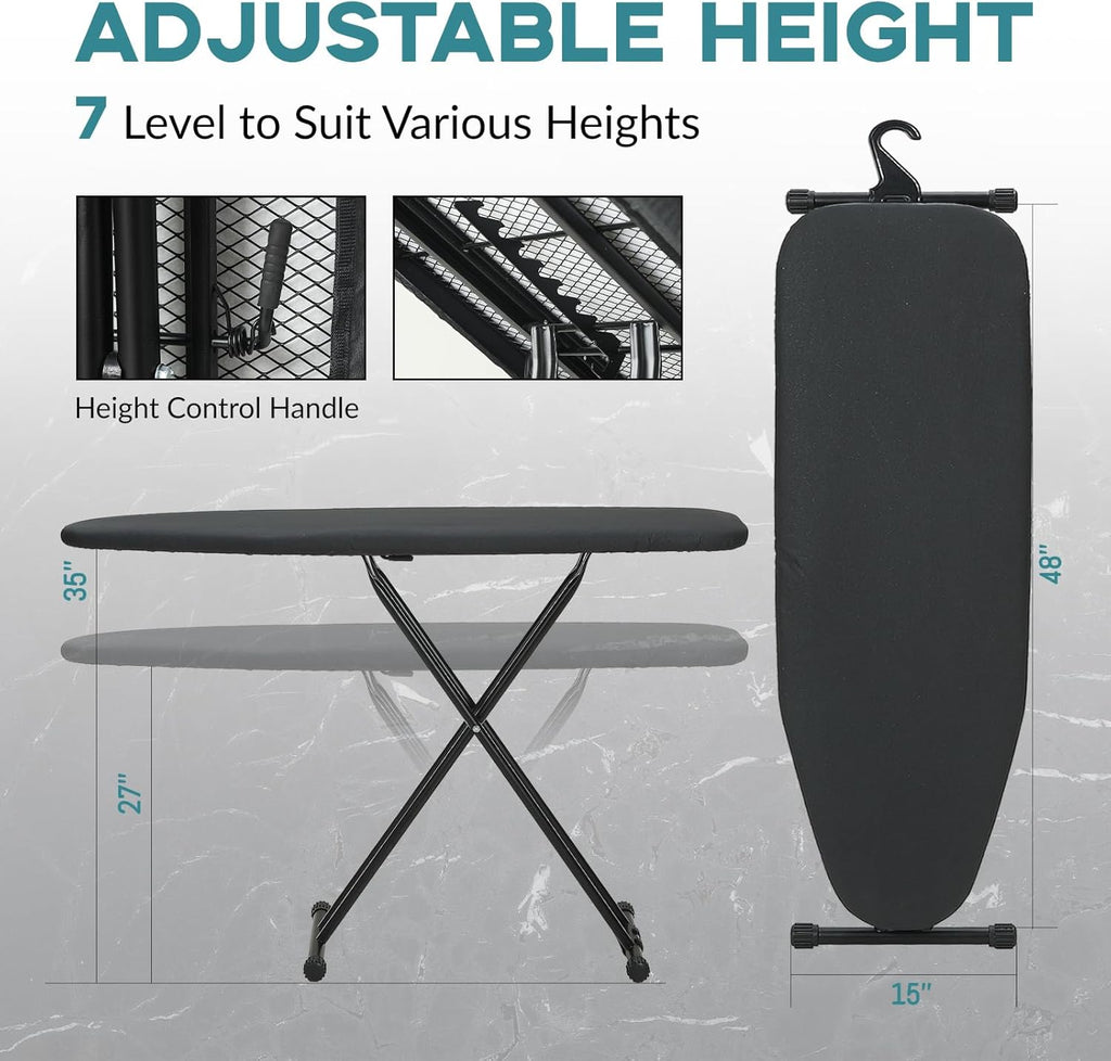 RAINHOL Ironing Board - Heavy Duty 48x15 Full Size with Smart Hanger & Heat-Resistant Pad | Black
