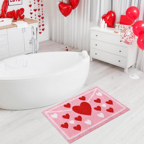 Lyrow Envelope Red Heart Tufted Bath Mat 17"x 29" Absorbent Love Heart Rug Red Pink White Non Slip Bath Rug Washable Front Door Mat for Wedding Home Bedroom Bathroom Decor