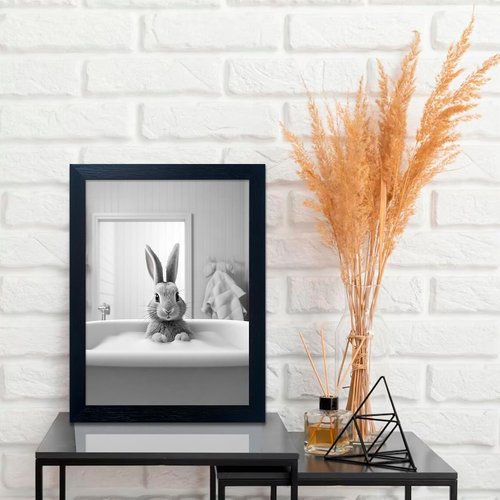 Farmhouse Wall Art | Black and White Cute Animal Canvas - Funny Rabbit in Bathtub Decor