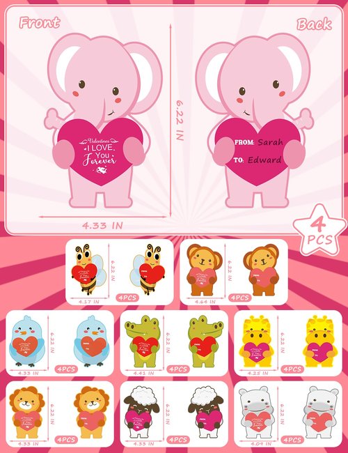 Diltik 36 PCS Valentine's Day Cards for Kids with Treat Holders - Classroom Exchange Greeting Cards for Boys and Girls, DIY Candy Card Favors for School Party Valentines (Candy Not Included)-Animals