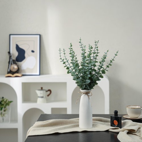 Shanranplus Vase with Greenery, 20pcs Artificial EucalyptusStems in White Vase, Boho Home Decor Plant, 19" Decorative Fake Plants for Home Farmhouse Mantle Centerpiece Decor