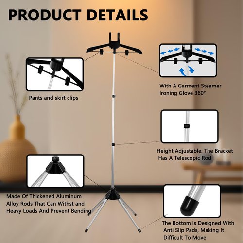 Foldable Clothes Steamer Stand with Adjustable Height & Ironing Gloves – Universal Garment Steamer Rack Compatible with Most Steamers, Portable Hanging Rack for Easy Steaming and Storage (Black)