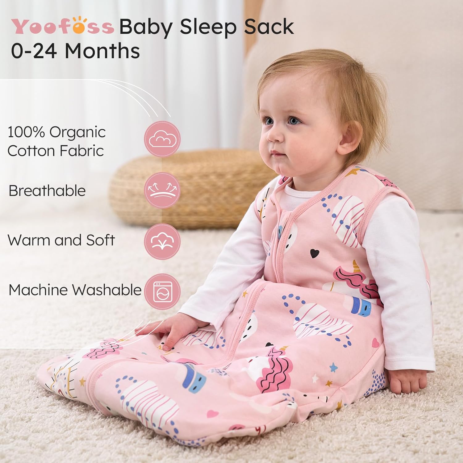 Yoofoss Baby Sleep Sack - 100% Organic Cotton Wearable Blanket for 12-18 Months | TOG 2.5, Warm & Comfy