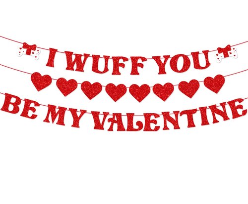Valentines Day Banner Garland, Set of 3 Glitter Valentines Day Decorations Red Heart Garlands, Dog Valentines Banner Decorations for Home Outdoor Valentines Birthday Anniversary Decor