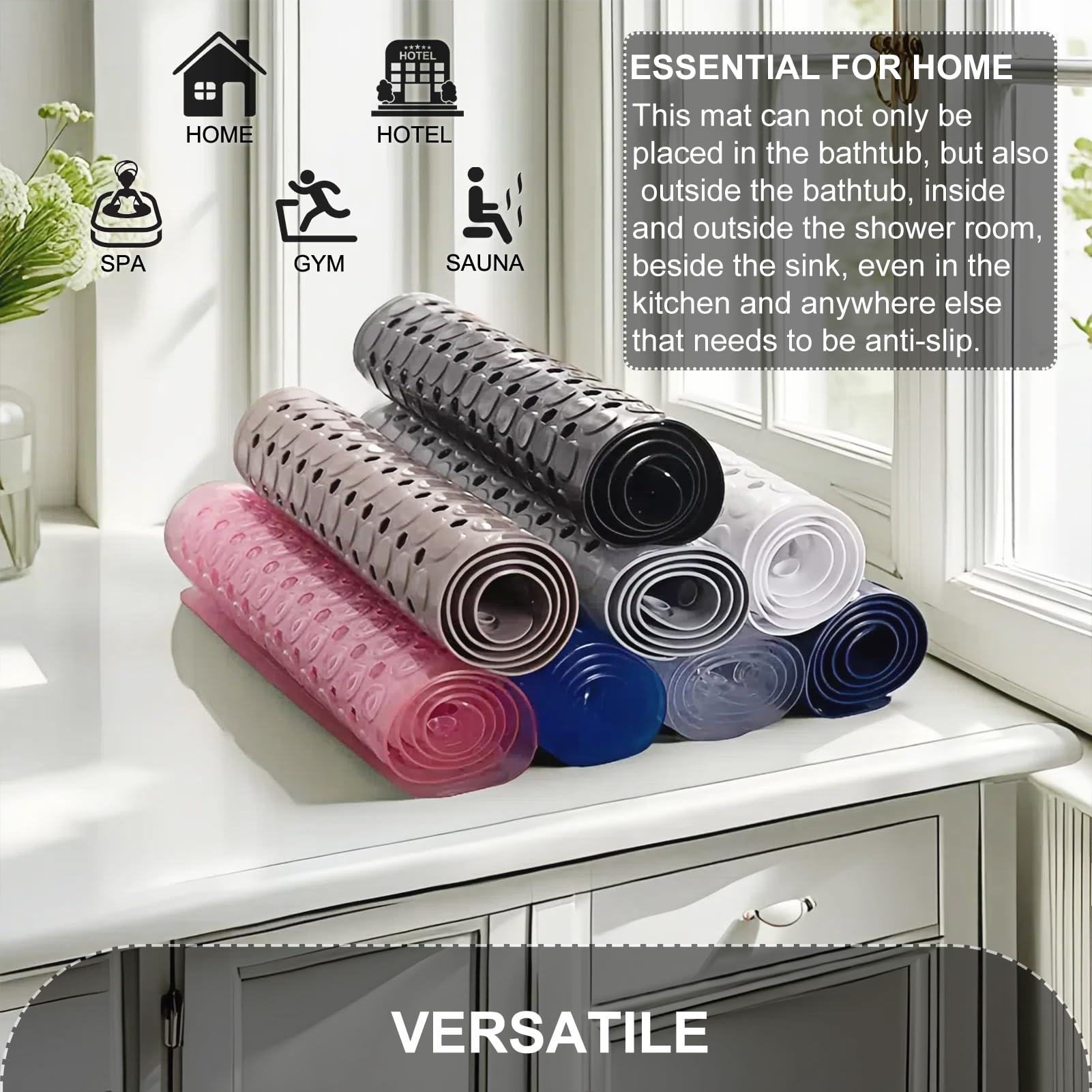 TEESHLY Bath Mat for Tub & Shower, Non Slip Soft Bathmat with Suction Cups & Drain Holes, Machine Washable Bathtub Floor Liner Mats for Bathroom, 35x16 Inch, Clear Pink