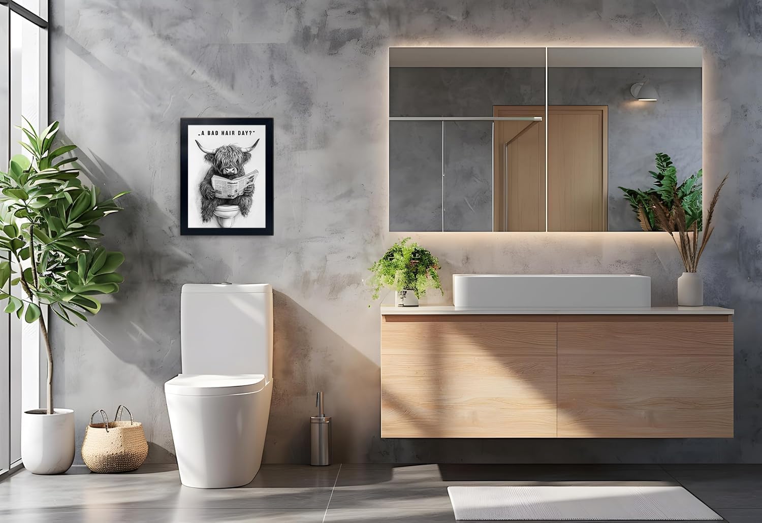 Orvannaatr Highland Cow Wall Art - Humorous Sketch of Cow on Toilet for Fun Bathroom Décor