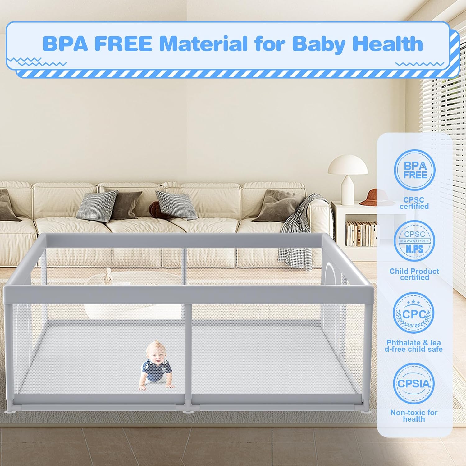 XVISHX Baby Playpen - 79 x 79 Inch Indoor & Outdoor Playard with Soft Breathable Mesh - Grey