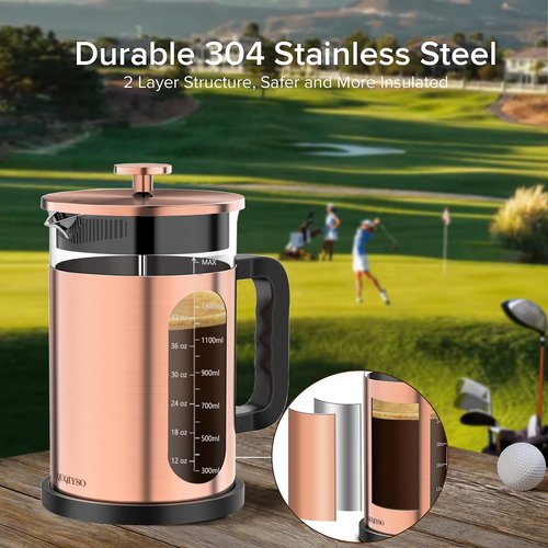 QUQIYSO French Press Coffee Maker 51oz 304 Stainless Steel French Press with 4 Filter, Borosilicate Glass Coffee Press