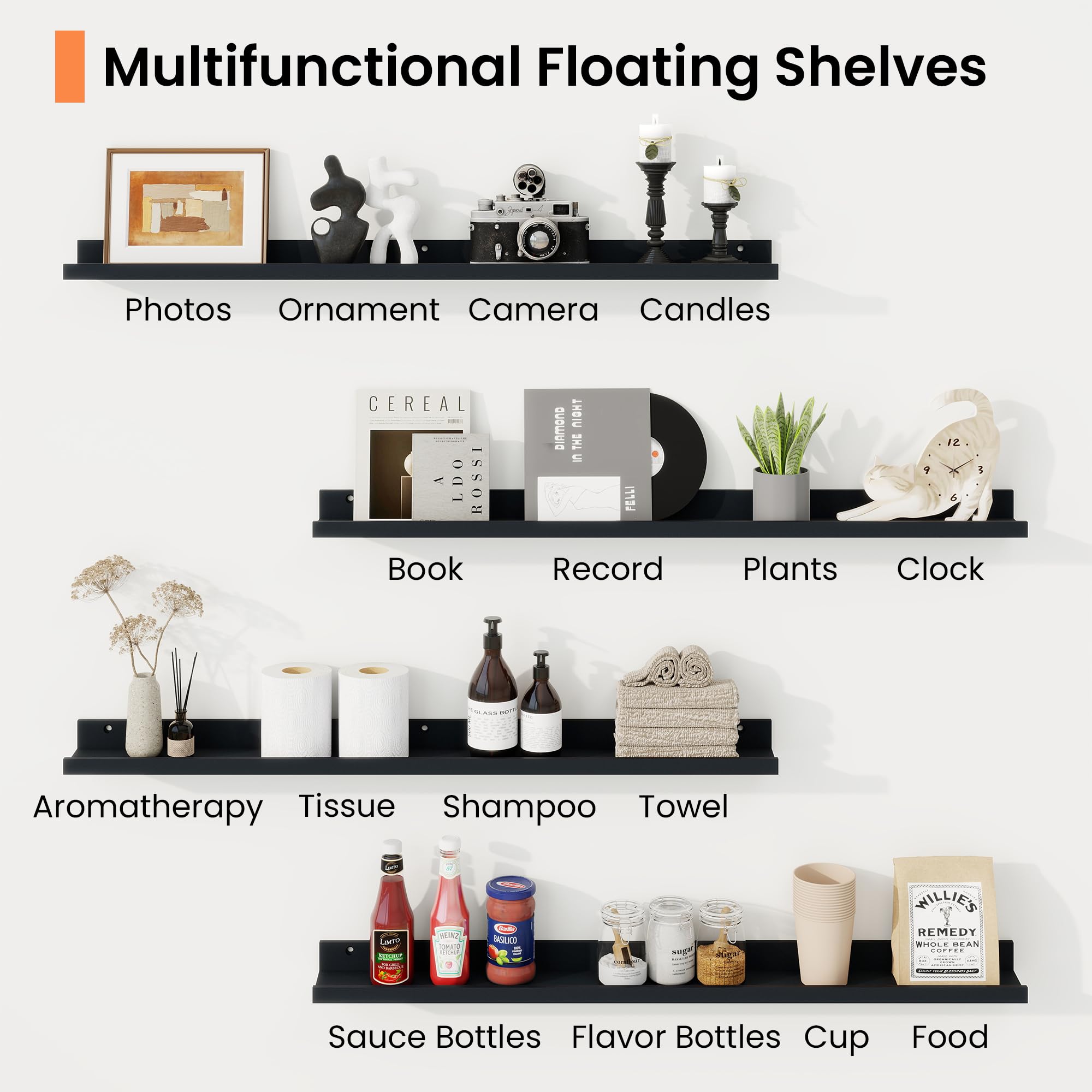 RICHFOCUS Picture Ledge Shelf, 48 inch Floating Shelves Set of 2, Wood Wall Shelves with Lip, Wall Decor Storage for Bedroom Living Room Bathroom Kitchen Nursery Photo Picture, Black