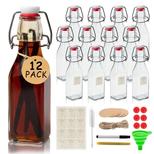 Ruckae Square Swing Top Glass Bottles with Lids Kombucha Coquito Flip Top Glass Bottle for Syrup Vanilla Extract Brew Beer Kefir Air Tight Bottles for Gift (8.5 oz 12 pack)