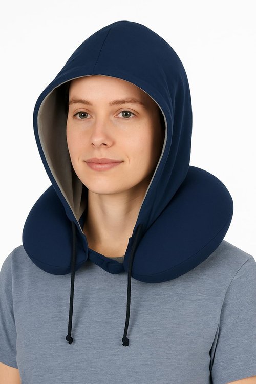 Sealy, Infused-Gel Hooded Travel Pillow with Airflow Memory Foam, Tailored Just for You with Contoured Support, The Ultimate Rest for Flights, Rides, and Your Home, Blocks Cold Drafts, Navy