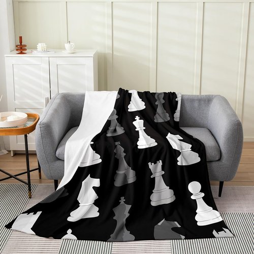 Feelyou Black White Grey International Chess All Season,Bed Blanket Set Chess Board Game Plush Throw Blanket, for Sofa Couch Kids Checkerboard Flannel Fleece Blanket Chess Lovers Twin 60"x80"