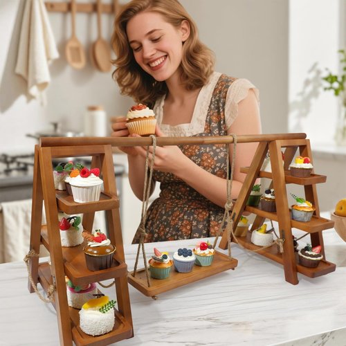 Tnstbiee Rustic 3-Tier Cupcake Stand - Wooden Desserts Stand for Cakes,Pastries &Fruits - Removable Trays& Foldable Design-Perfect for Parties Home Events and Weddings-Ideal Gift For Party Enthusiasts