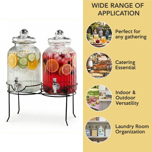 Style Setter Canyon Glass Beverage Dispenser with Stand Set of 2-1.3 Gallon Drink Dispenser with Stand & Spigot - Leak-Proof Lemonade Dispenser - Punch Dispenser for Parties, Weddings, Birthdays