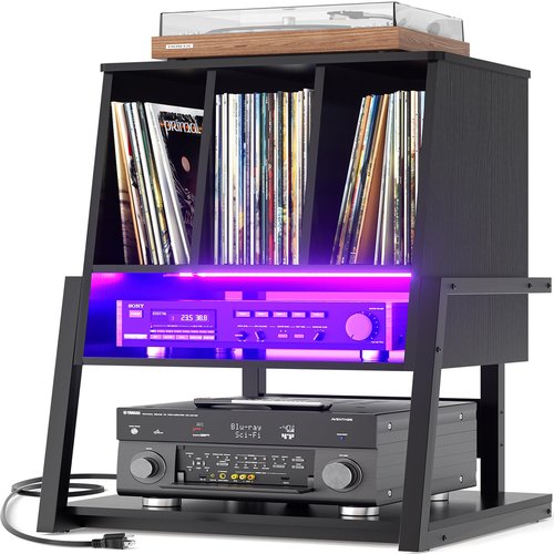 Homieasy Record Player Stand with Power Outlet & Smart LED, 3-Tier Vinyl Record Storage Cabinet for 200+ Albums, 22" Turntable Station with Wooden Dividers, Modern End Table for Small Space, Black