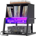Homieasy Record Player Stand with Power Outlet & Smart LED, 3-Tier Vinyl Record Storage Cabinet for 200+ Albums, 22" Turntable Station with Wooden Dividers, Modern End Table for Small Space, Black