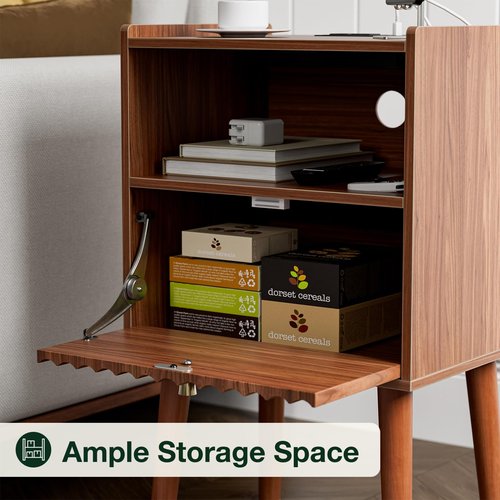 LCRBOL Side Table with Charging Station, Modern End Table with Fluted Drawer, Bedside Table, Night Stand with 2 Tiers Storage Space, for Bedroom, Living Room, Walnut