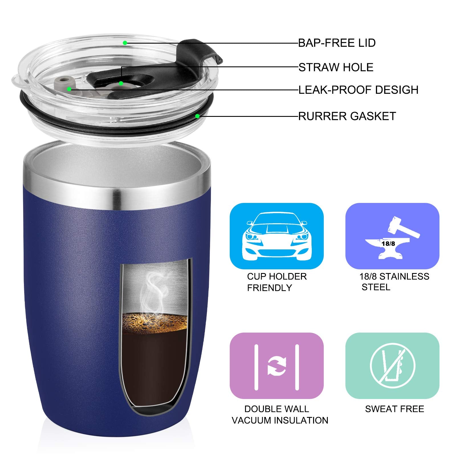 VEGOND Stainless Steel 12 oz Tumblers bulk Vacuum Insulated Double Wall Travel Tumbler with Lid and Straw Reusable Tumbler,Navy Blue 12 pack