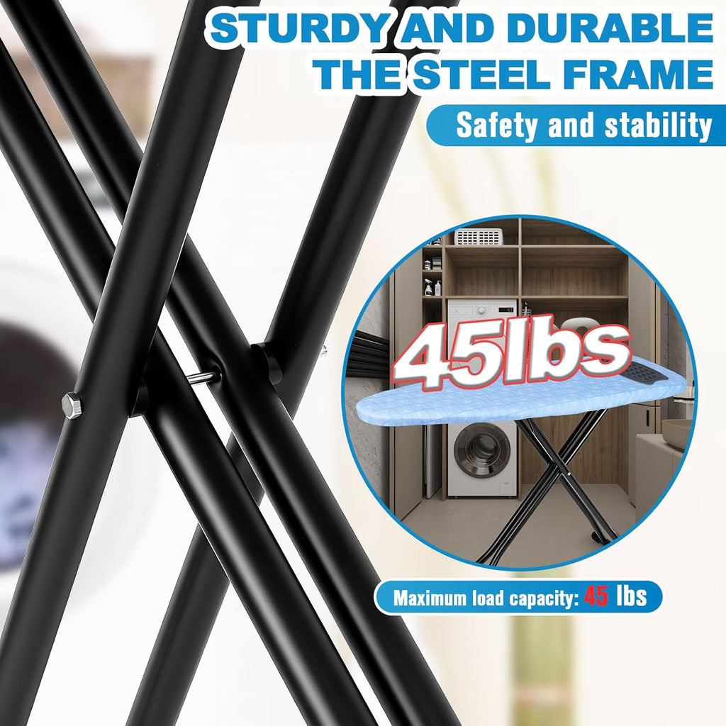 Skiennix Ironing Board - Heavy Metal Frame with Silicone Iron Mat | Foldable & Adjustable, 13x43in
