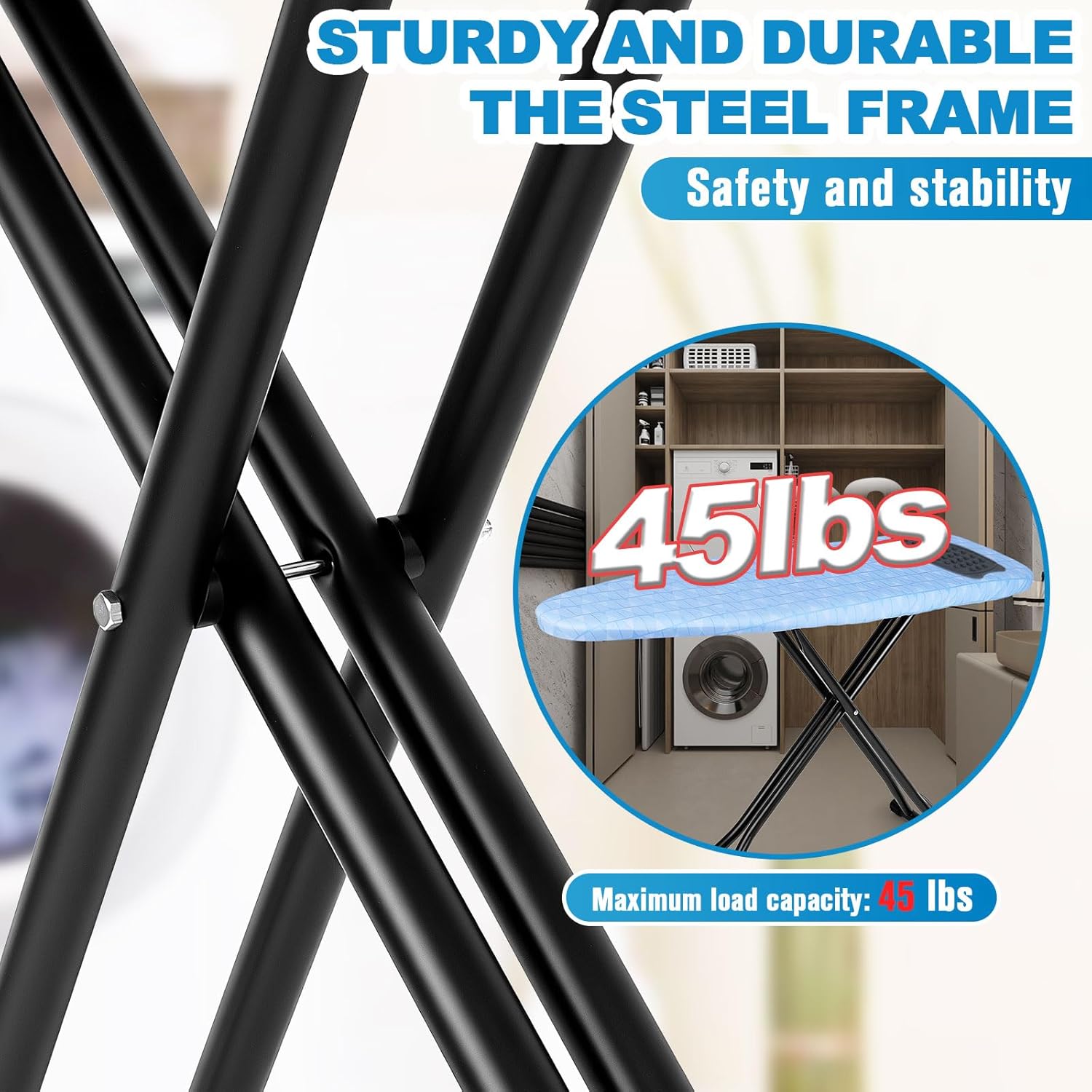 Skiennix Ironing Board - Heavy Metal Frame with Silicone Iron Mat | Foldable & Adjustable, 13x43in